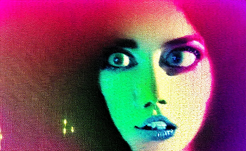 Prompt: vhs glitch art portrait of a frightened woman hidden underneath a sheet, lost in static, metaphysical foggy environment, static colorful noise glitch volumetric light, by bekinski, unsettling moody vibe, vcr tape, 1 9 8 0 analog video, vaporwave aesthetic, directed by david lynch, colorful static, datamoshed, pixeled stretching