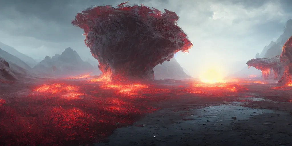 Image similar to a epic landscape full of big red crystals emerging from the ground, concept art, octane render, unreal engine 5, trending on artstation, greg rutkowski, hyperrealistic, highly detailed, high quality, 8 k, dramatic lighting, cinematic, high coherence, high contrast, digital art, high definition, path traced, night