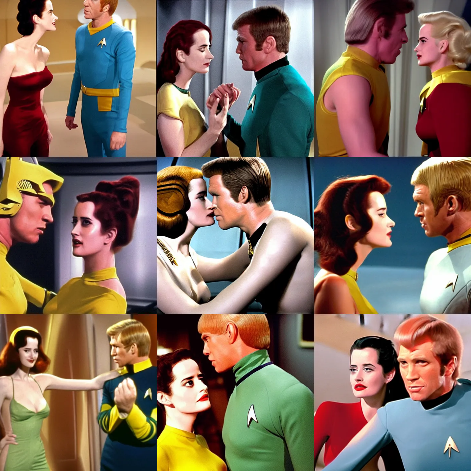 Prompt: hyper realistic, eva green flirting with captain kirk in Star trek The Original Series