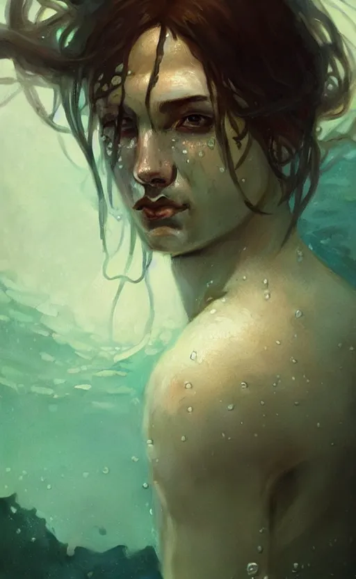 Image similar to a portrait of a drowned man under water, concept art, deep focus, intricate, highly detailed, digital painting, artstation, matte, sharp focus, bokeh, art by greg rutkowski and alphonse mucha