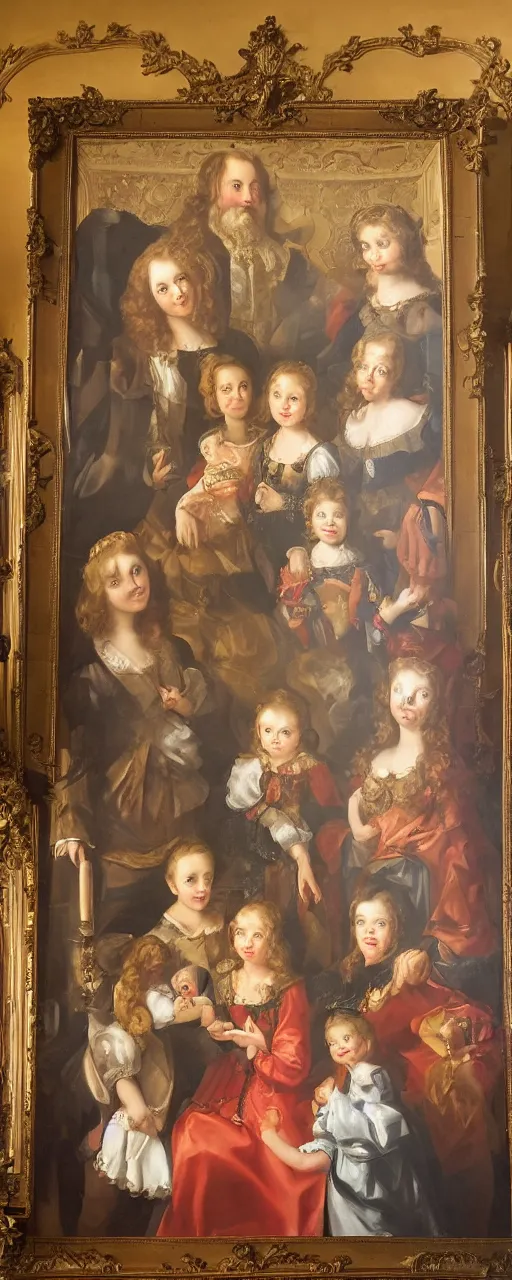 Prompt: oil paint of family portrait in the main room of the castle, dark room, one point of light trough a big window. baroque style 1 6 5 0, high details on clothes, realistic faces and expressions