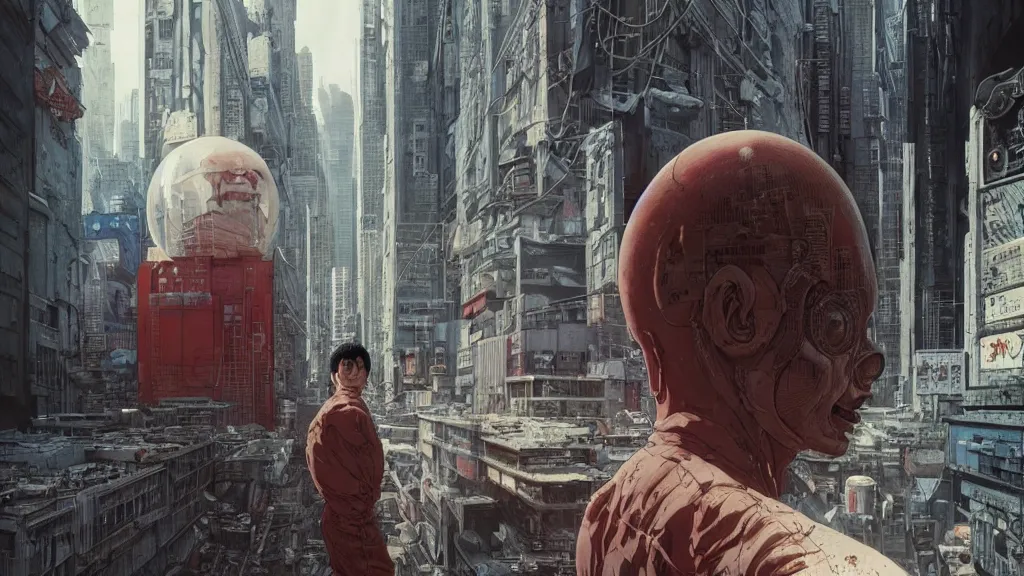 Image similar to realistic aesthetic highly detailed photography of characters in akira scene, characters with hyperrealistic highly detailed faces. from akira by katsuhiro otomo and alejandro hodorovski and denis villeneuve and gregory crewdson style with many details by mike winkelmann and vincent di fate in sci - fi style. volumetric natural light hyperrealism photo on dsmc 3 system