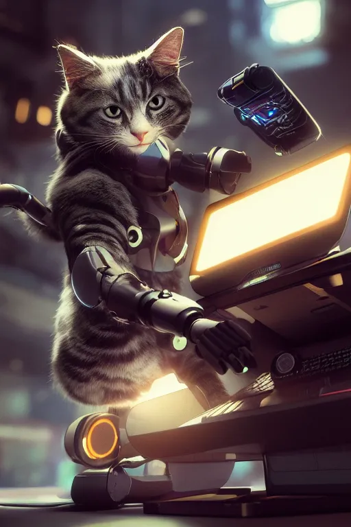 Image similar to robotic cat with a computer mouse in his mouth. cinematic, cyberpunk, digital art, blender, octane render, volumetric lighting, 8 k, detailed, trending on artstation