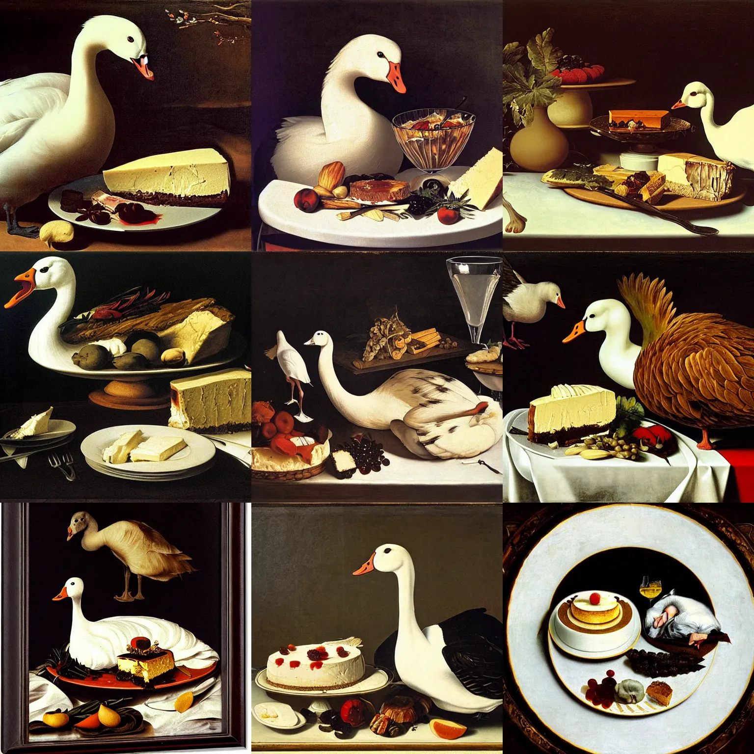 Prompt: a cannibal goose with a cheesecake, by caravaggio