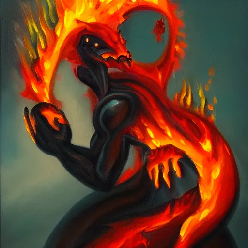 Image similar to fire demon eat human, oil painting