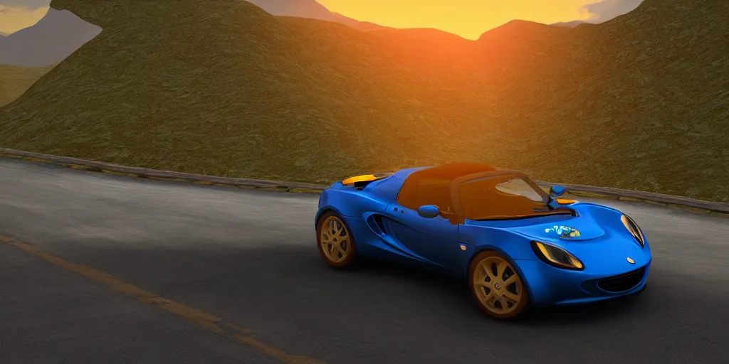 Image similar to blue lotus elise on a windy mountain road at sunset, ray tracing hdr render in unreal engine 5