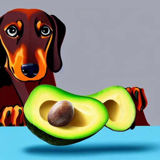 Prompt: a portrait of a dachshund eating avocado toast, digital art