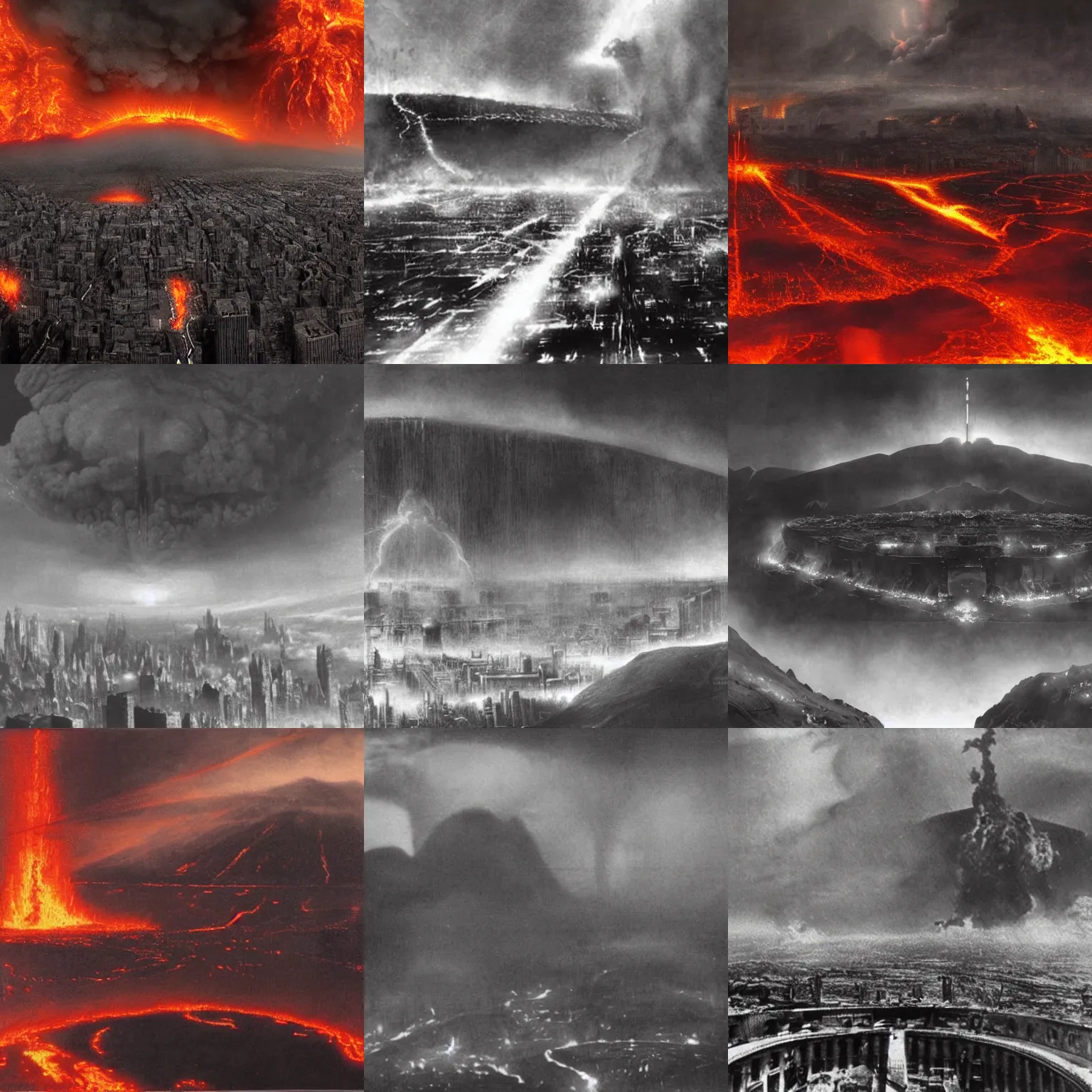 Prompt: metropolis, the gates of hell surrounded by fire and lava, epic, wide angle, matte painting, ethereal, thick black fog, full color