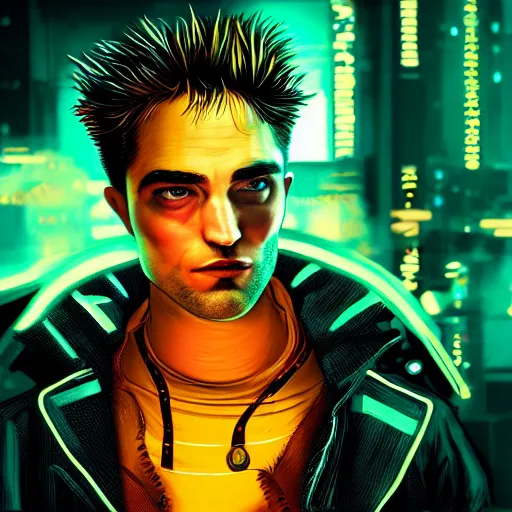 Image similar to robert pattinson portrait, Cyberpunk 2077, cyberpsycho, photorealistic, ultra detailed, neon, octane, bokeh, cyber, feature, scars, cyberface, 8k