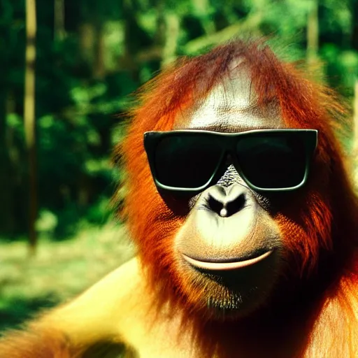 Prompt: high quality landscape photo of an orangutan wearing cool dark sun glasses, ultra wide lens picture, detailed picture, cinematic composition, by edgar wright and david lynch