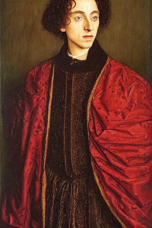 Image similar to portrait of timothee chalamet, oil painting by jan van eyck, northern renaissance art, oil on canvas, wet - on - wet technique, realistic, expressive emotions, intricate textures, illusionistic detail