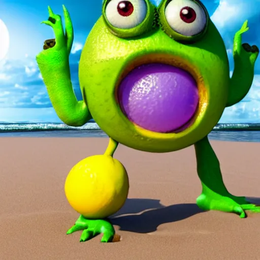 Prompt: 3 d render, of anthropomorphic lemon character that looks like a monster from the movie monsters inc, with lemon skin texture, he is wearing a hat, building a sandcastle on the beach at sunset, beach, huge waves, sun, clouds, long violet and green trees, rim light, cinematic photography, professional, sand, sandcastle, volumetric lightening