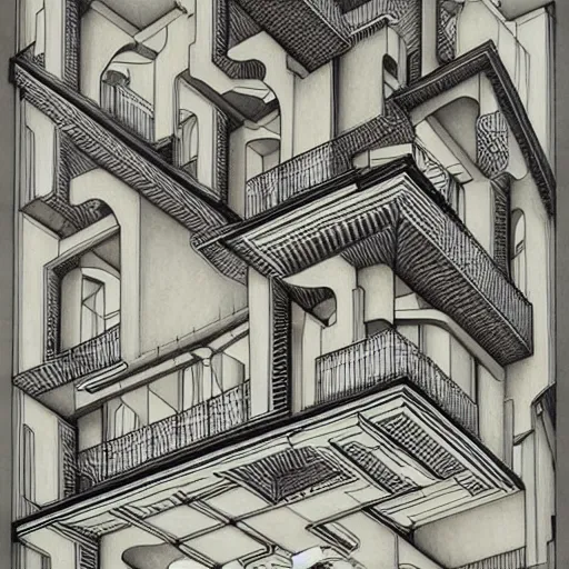 Image similar to impossible penrose house by M.C. Escher, painting with intricate details