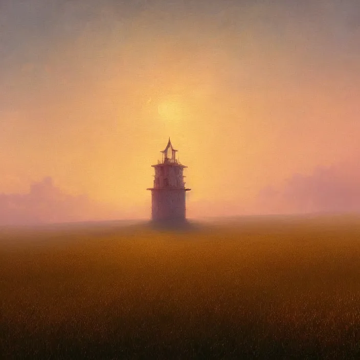 Image similar to a beautiful painting of a tower in a field of golden wheat by ivan aivazovsky and zdzisław beksinski and rene magritte and greg rutkowski and james gurney, in style of digital art. hyper detailed. octane render. maya. trending on artstation