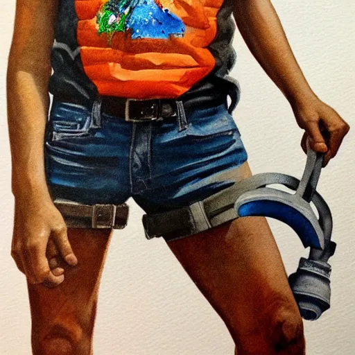 Prompt: detailed details art concept a 1 5 year old teenager, wears a singlet shirt, shorts and fanny packs and sometimes wears a gas mask, handling ak 4 8 in the style of bob peak and alex ross, gouache and wash paints color, detailed details facial and body and human and environments and proportionate, detailed 5 k details.