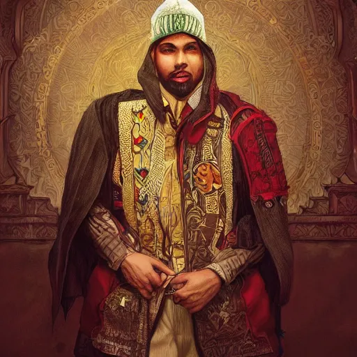 Image similar to clear portrait of king of morocco having a rap battle, cottagecore!!, detroit hood background hyper detailed, character concept, full body, dynamic pose, elegant, intricate, highly detailed, digital painting, artstation, concept art, smooth, sharp focus, illustration, art by artgerm and greg rutkowski and alphonse mucha