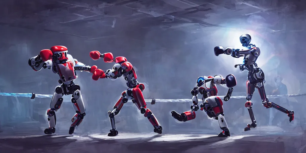 Prompt: A concept art of two robots boxing in action in the middle of the a boxing ring, highly detailed, scifi film color palette, ridley scott film, cinematic lighting, trending on artstation, cgsociety, volumetric lighting, style by dylan cole