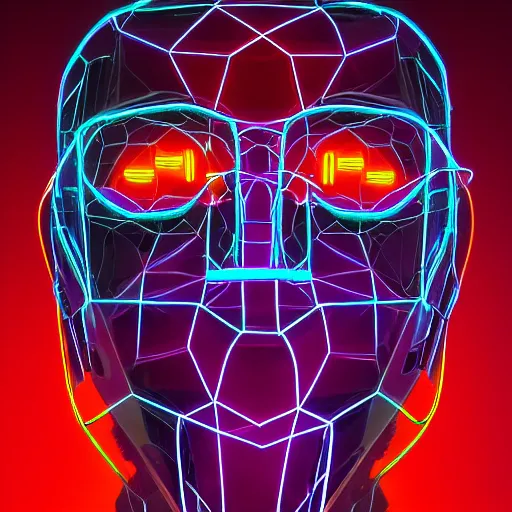 Image similar to reflexion neon cyberpunk voronoi depth fog wires connexion, a face of a virtual cyborg