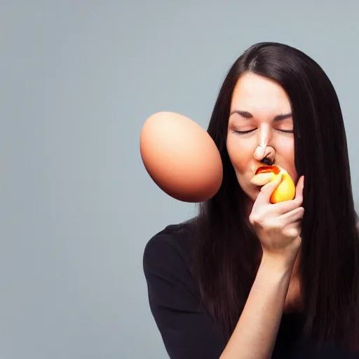 Image similar to a woman eating the last egg while looking sad, realistic photo,