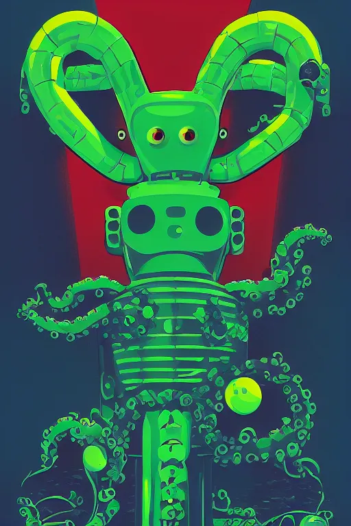 Prompt: a movie poster for the film (green robot octopus) by Tom Whalen, highly detailed, award winning creature portrait, fantasy, artstation