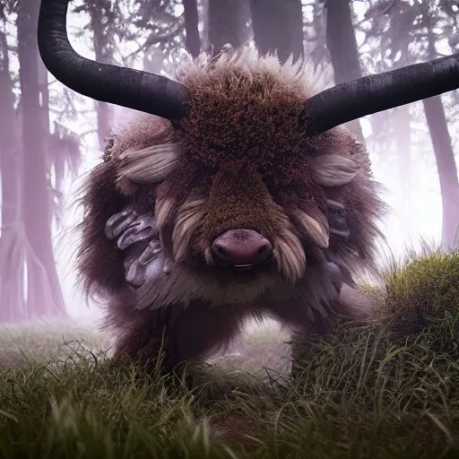 Prompt: ultrarealistic creature fluffy animal with horns and short legs and arms and red eyes, forest scene, octane render, highly detailed, cinematic lightning