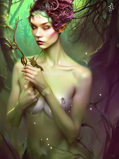 Image similar to green!! forest fae ; by james jean, charlie bowater, tom bagshaw, nikolay makovsky, melanie delon : : enchanting, ethereal, magical, glowing, sparkle, iridescent, flowerpunk, portrait, character design, illustration, hyperrealism, photorealism, digital art, concept art, dark fantasy, weta, wlop, artstation
