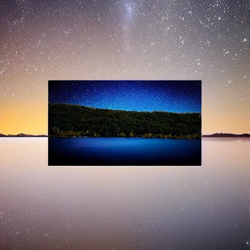 Prompt: lake that is reflecting the cosmos at night with countless stars, superior quality, intricate quality, viscous liquid, surreal, highly detailed, real camera, real photo, 8 k, art by artstation