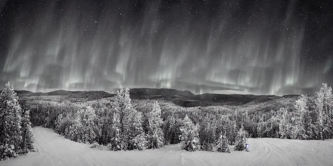 Prompt: laurentian appalachian mountains in winter, unique, original and creative landscape, photography by ansel adams, snowy night, distant town lights, aurora borealis, deers and ravens, footsteps in the snow, brilliant composition