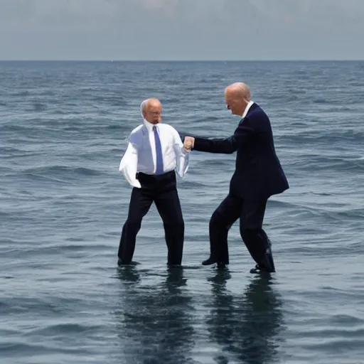 Prompt: biden and putin dancing on the ocean, close up, high quality photograph