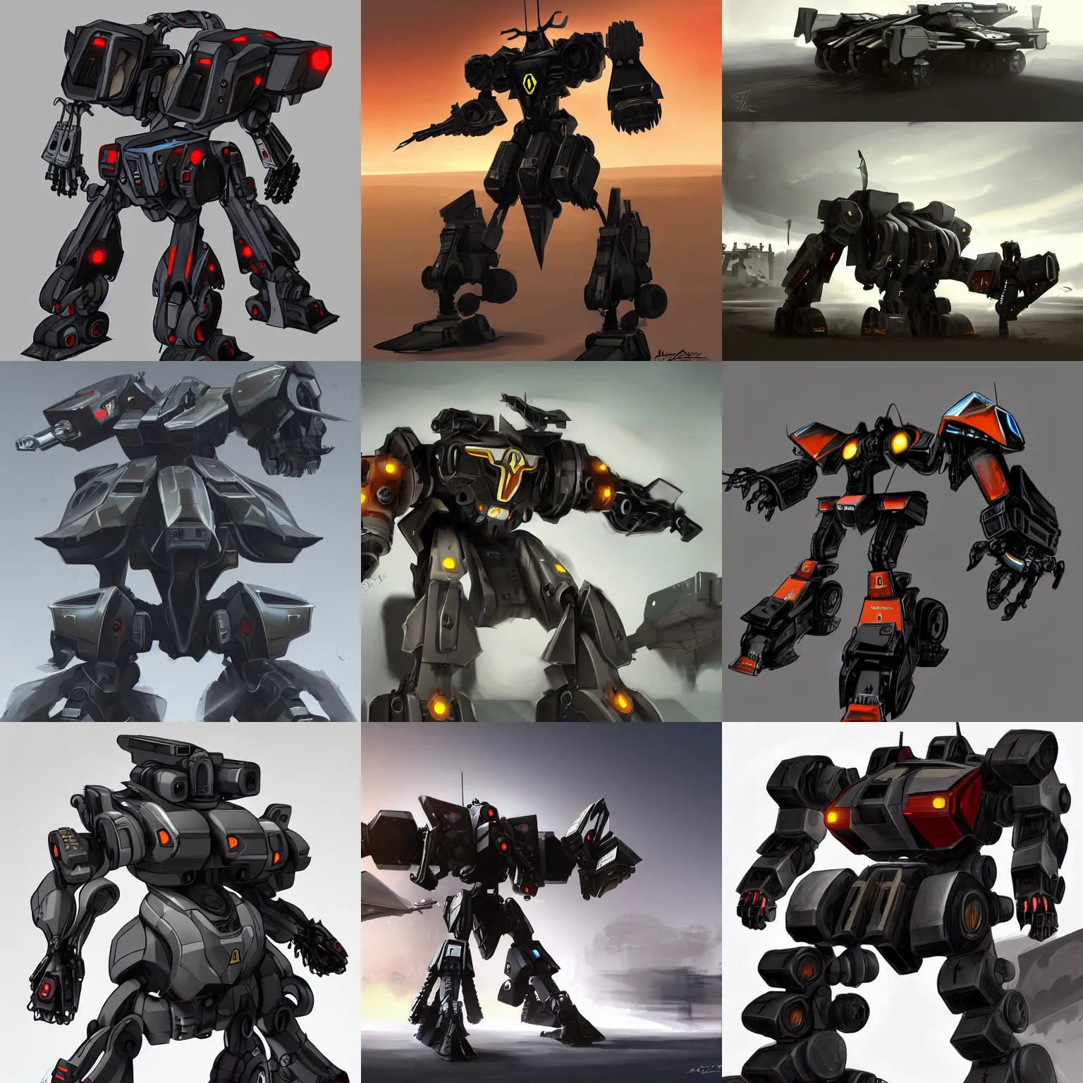 Prompt: a concept art of a renault war mech, fighting a ferrari war mech. dark shinny metal, aggressive look, trending on artstation