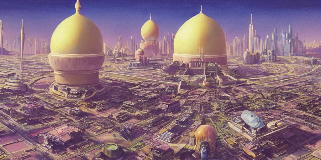 Image similar to a beautiful painting of futuristic islamic city with dome and croweded street alot of people by angus mckie, trending on artstation