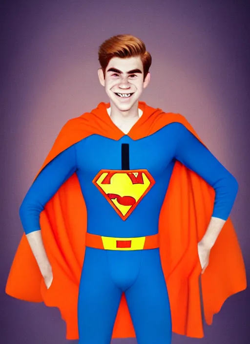 Image similar to friendly teenage archie andrews wearing an orange superhero costume with heart logo, heart, orange costume, blue cape, freckles, cape, heart emblem on chest, heart, blue cape, intricate, elegant, glowing lights, highly detailed, digital painting, artstation, sharp focus, illustration, art by wlop, mars ravelo and greg rutkowski