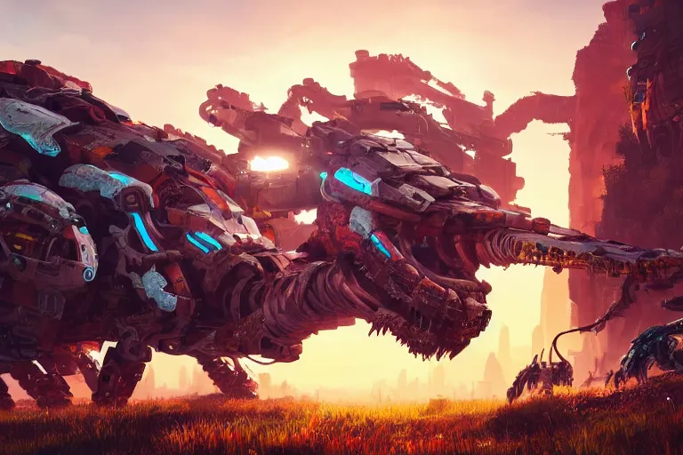 Image similar to snapmaw machine mecanical creature robot of horizon forbidden west horizon zero dawn radiating a glowing aura global illumination ray tracing hdr fanart arstation by ian pesty and alena aenami artworks in 4 k