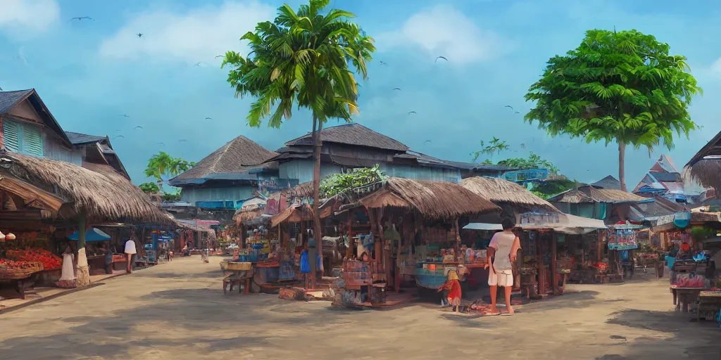 Image similar to shops at pulau indah fishing village by the sea, early morning, detailed matte painting, low angle view, telephoto lens, bokeh, studio ghibli, artstation