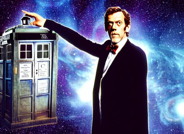 Image similar to product photo still of vhs cover of hugh laurie as doctor who in front of a nebula through the open door of the tardis on a vhs box