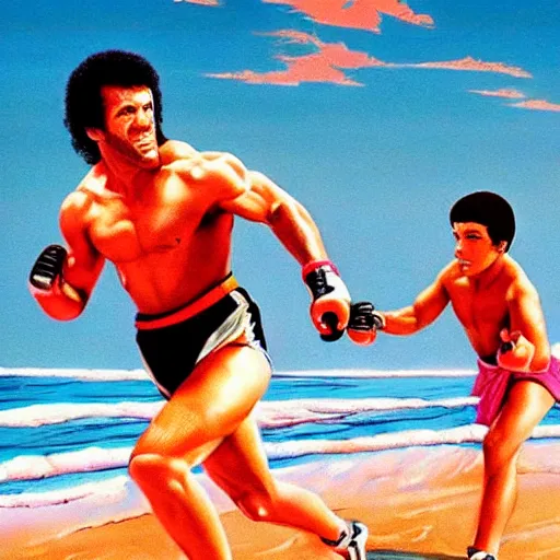 Image similar to rocky iii racing apollo and rocky on the beach, matte painting, beautiful, inspired, energetic, 8 0 s colors