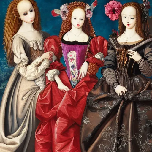 Image similar to oil painting heavy brushstrokes, renaissance, baroque, group of creepy young ladies wearing renaissance long harajuku manga dress with flowers and skulls, background chaotic flowers