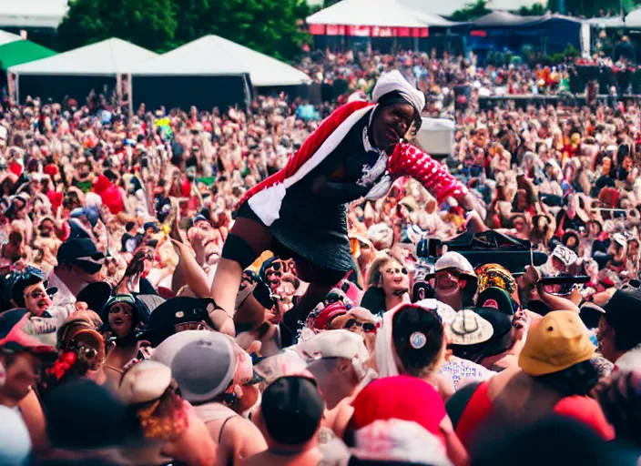 Prompt: photo still of aunt jemima in period attire at vans warped tour!!!!!!!! at age 4 0 years old 4 0 years of age!!!!!!! on stage diving into the crowd, 8 k, 8 5 mm f 1. 8, studio lighting, rim light, right side key light