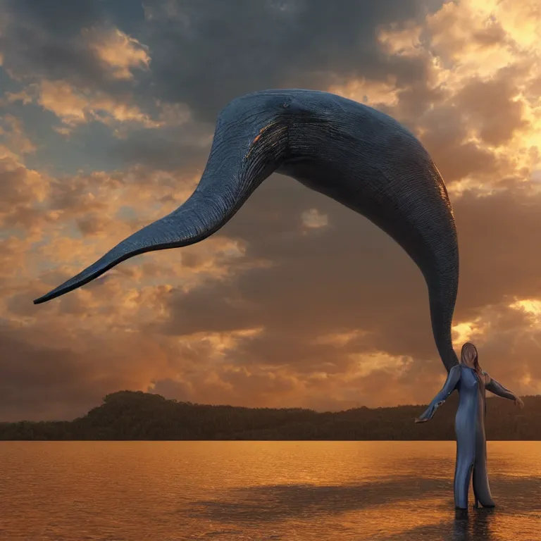 Prompt: octane render portrait by wayne barlow and carlo crivelli and glenn fabry, a blue whale made out of shiny reflective liquid metal swimming through beautiful sunset clouds, cinema 4 d, ray traced lighting, very short depth of field, bokeh