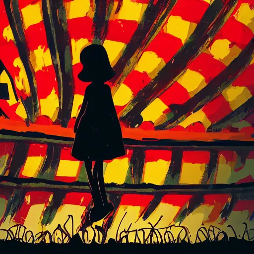 Image similar to a girl holding a balloon at a fairground. buildings with graffiti. silhouette. in the style of simon stalenhag