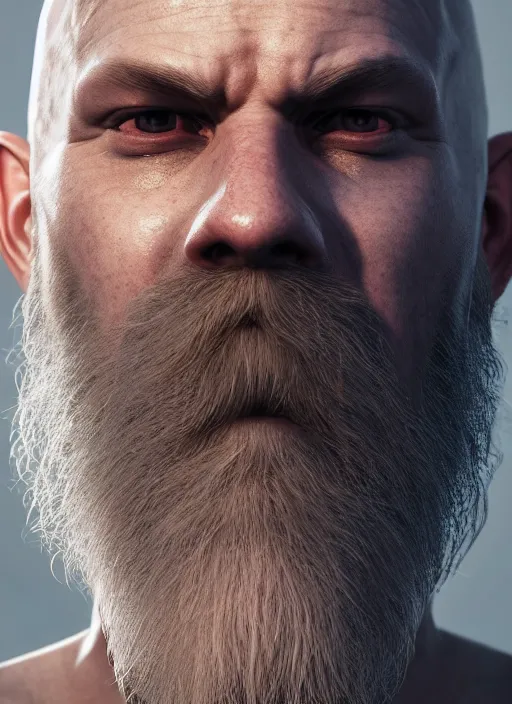 Prompt: portrait of a bald wizard with long white beard, tattoo around one eye, perfect facial symmetry + dim volumetric lighting, 8k octane beautifully detailed render, post-processing, extremely hyperdetailed, intricate, epic composition, grim yet sparkling atmosphere, cinematic lighting + masterpiece, trending on artstation