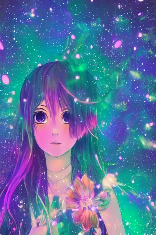 Image similar to psychedelic, whimsical, anime, 4k, beautiful intimate woman with professional makeup, long trippy hair, a crystal and flower dress, sitting in on a reflective pond underneath the stars, rainbow fireflies, trending on patreon, deviantart, twitter, artstation, volumetric lighting, heavy contrast, art style of Ross Tran and Ilya Kuvshinov