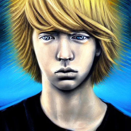 Image similar to highly detailed painting of deep sadness alone, young blonde boy, expressive emotional sadness piece, trending on art station, abstract emotional sadness expression, very very very beautiful, digital art