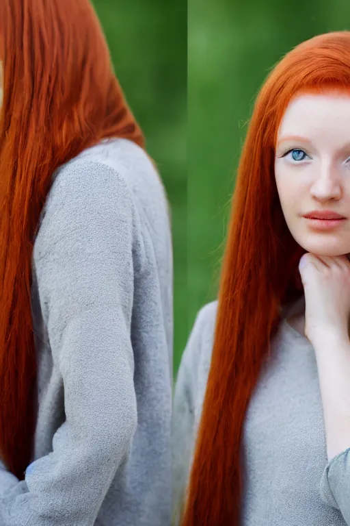 Image similar to a portrait of a redhead beautiful girl, green eyes, highly detailed, 3 5 mm f 1. 4 background silver fir