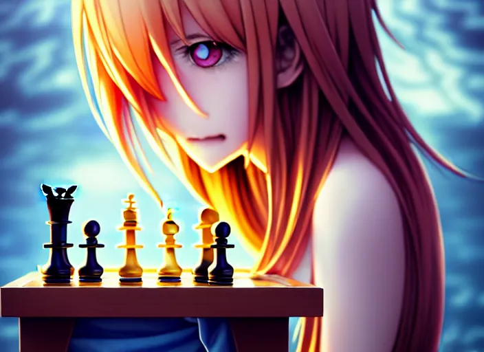 Image similar to rimuru playing chess, with amber eyes of gold color, straight hair, sky blue hair, long bangs, high collar, concept art, award winning photography, digital painting, cinematic, by wlop, anime key visual, wlop, 8 k, by ross tran, tom bagshaw, andy warhol