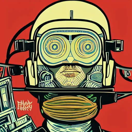 Prompt: Illustrated by Shepard Fairey and Greg Rutkpwski | 'Cyberpunk Van Gogh with VR helmet, surrounded by cables'