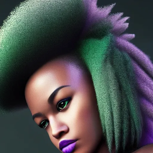 Prompt: black woman, hairstyle = short bob, hair colour = grey, eyes = purple, wearing dark green bomber jacket, realistic 4 k octane beautifully detailed render, 4 k post - processing, highly detailed, intricate complexity, epic composition, magical atmosphere, cinematic lighting, masterpiece, ultra hd