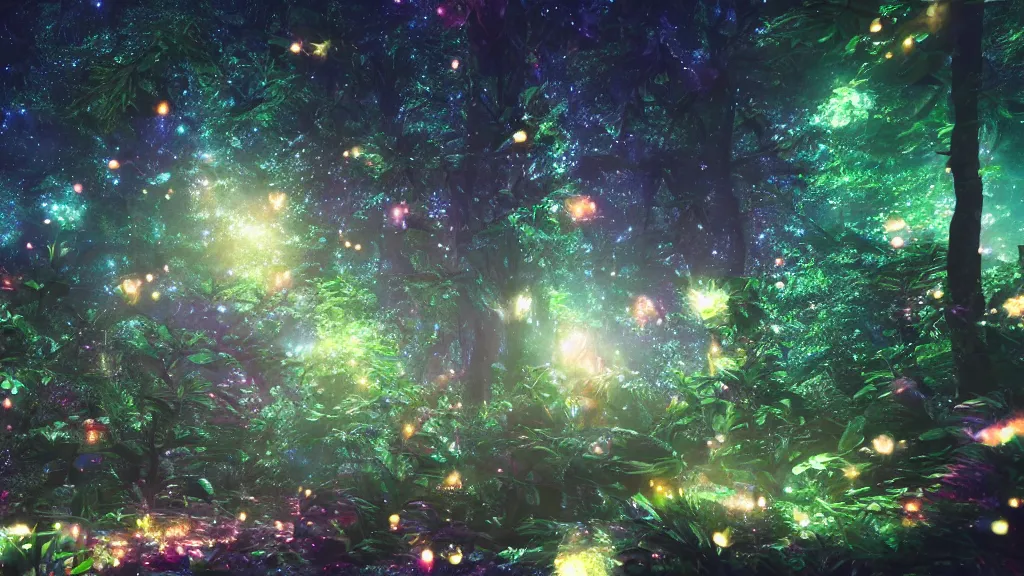 Prompt: beautiful lush magic glimmering mana forest, night sky with dazzling stars, fairies, fireflies, bokeh, octane render, unreal engine, raytracing, crystallized, intricate, hyper detailed, light rays, high quality cinematic anime style art