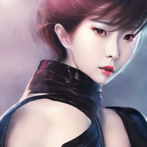 Prompt: close-up portrait of a beautiful Korean Luxurious Goddess wearing an elegant futuristic outfit posing dramatically in the art style of WLOP, 4k quality