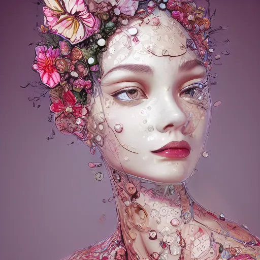 Image similar to the portrait of an absurdly beautiful, graceful, elegant, sophisticated, fashionable young woman made of strawberries and white petals with tears, an ultrafine hyperdetailed illustration by kim jung gi, irakli nadar, intricate linework, bright colors, octopath traveler, final fantasy, unreal engine 5 highly rendered, global illumination, radiant light, detailed and intricate environment